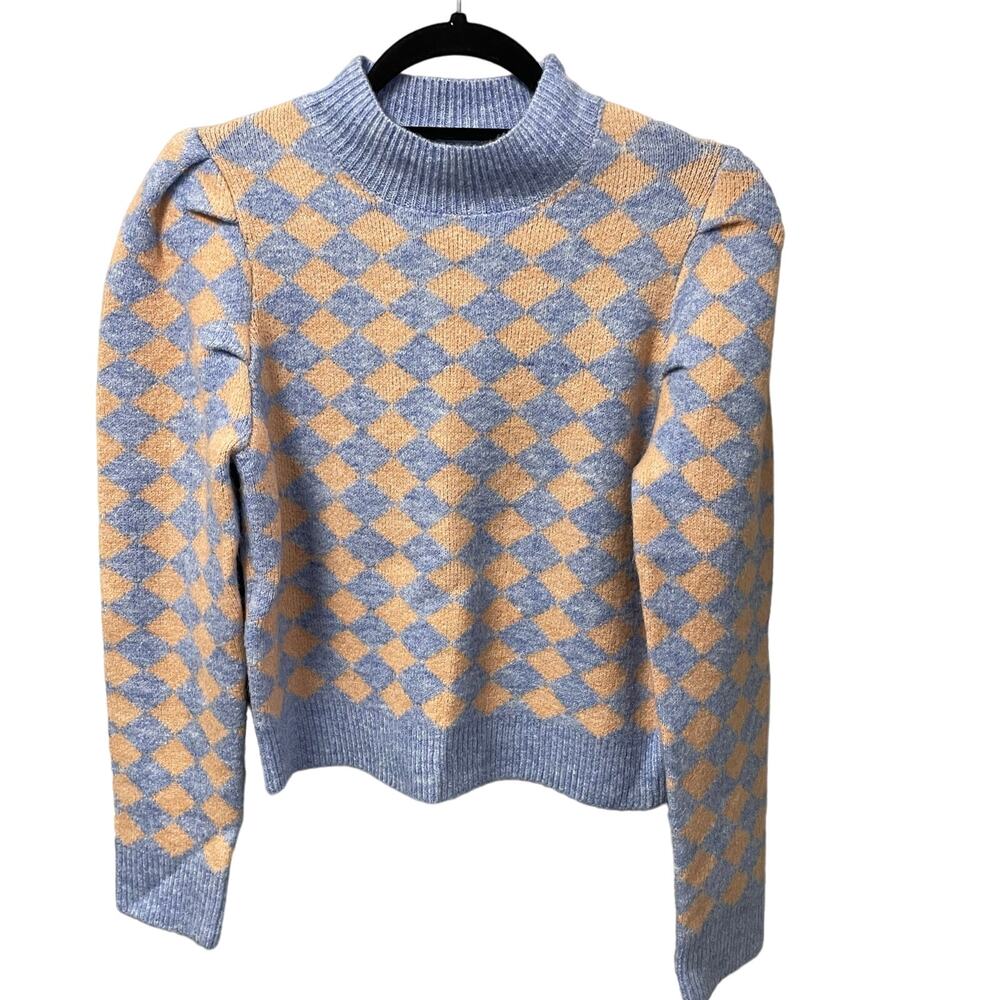 THML Mock Neck Sweater Diamond Pattern Light Blue Tan Womens Small